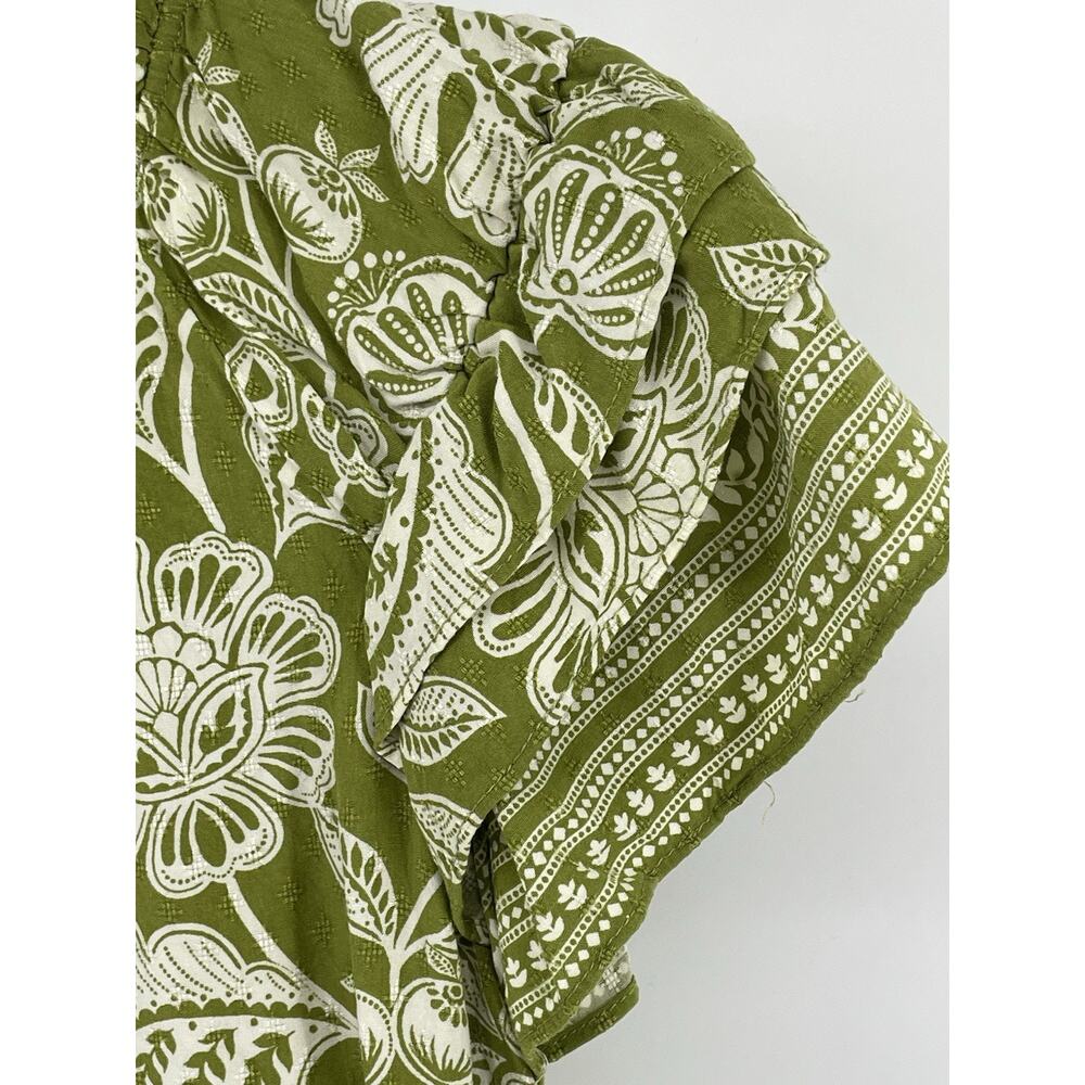 Rose + Olive Shirt Womens L White Green Blouse Floral Tassels Flutter Sleeve Top - Picture 5 of 6